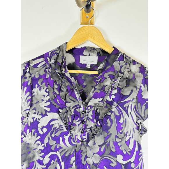 Classiques Entier Purple Grey 100% Silk Shirt Short Sleeve Ruffles Womans XS GUC - Picture 3 of 15
